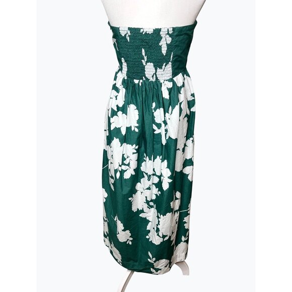 Cynthia Rowley Green & White Floral Strapless Midi Dress Elastic Smocked Back 14 - Picture 3 of 13